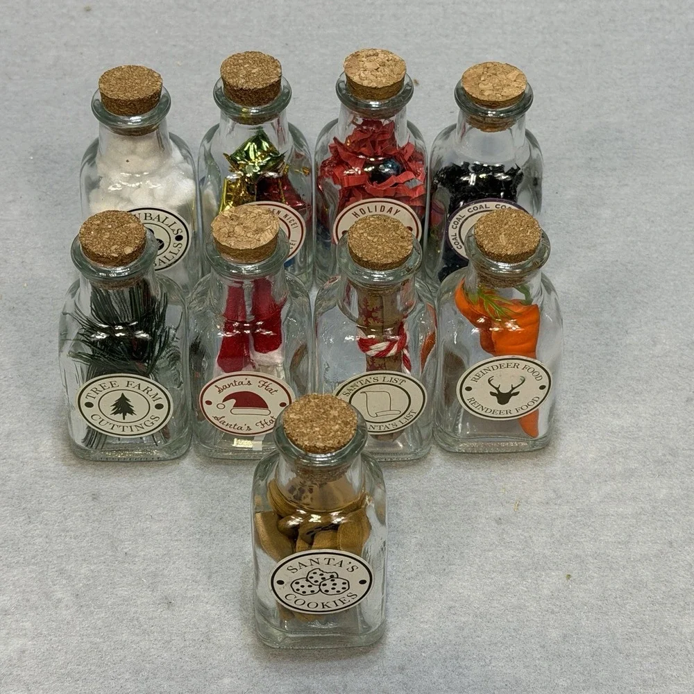Christmas Decor Mini Collectible Bottles Cookies Snowballs Lights Coal Set of 9